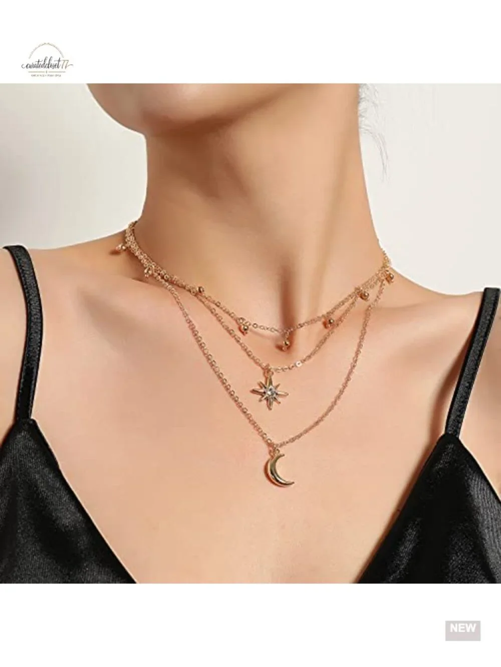 Three Tier Star Moon Charm Choker Necklace Dainty Adjustable Lightweight
